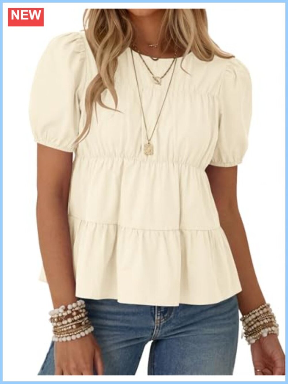 Womens Puff Short Sleeve Babydoll Peplum Pleated Cotton Top Flowy Blouse